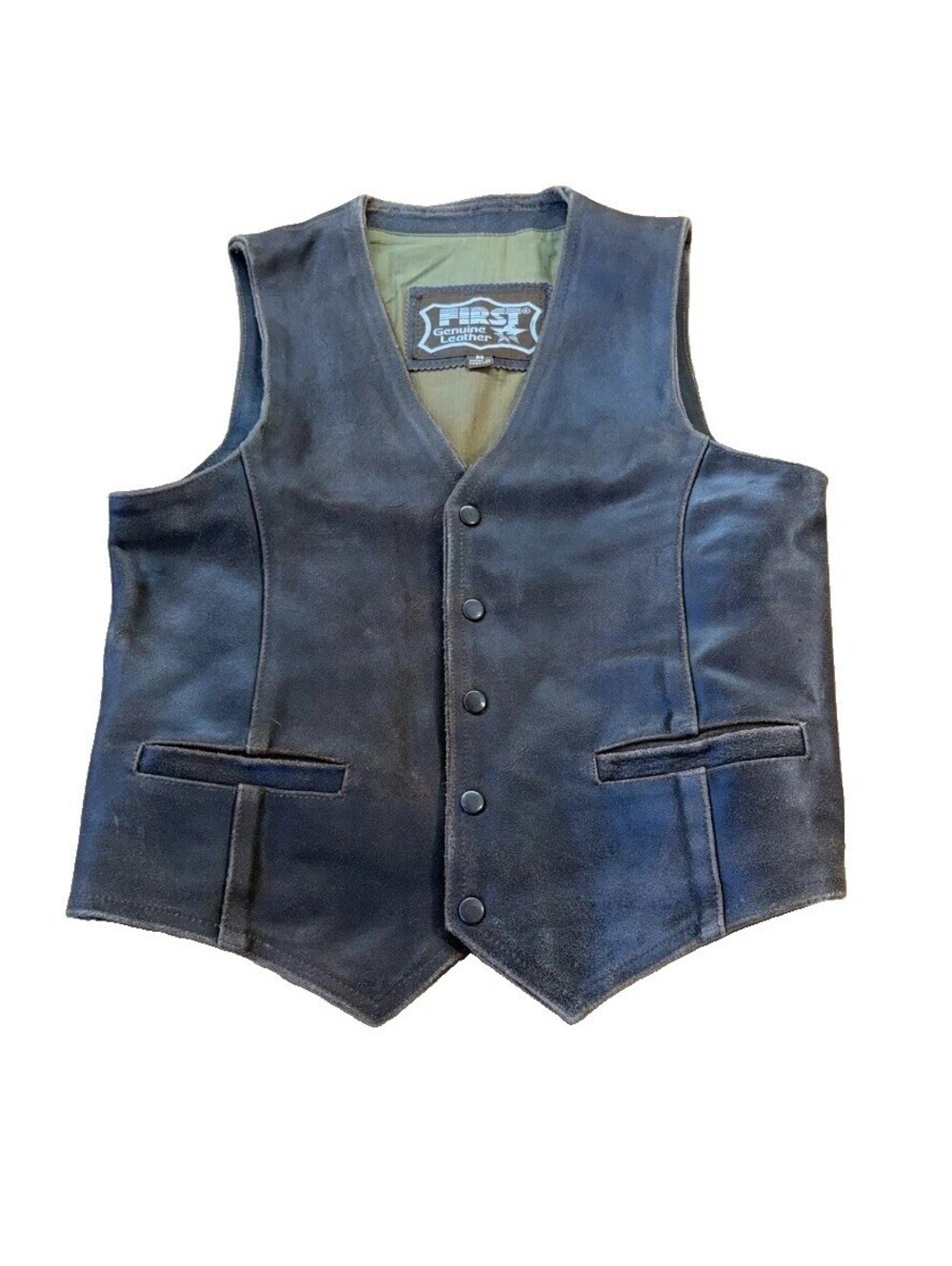 First Genuine Leather Mens Leather Biker Vest Size M Snap w/Grateful Dead Patch